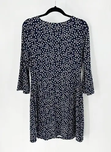 Boden Dress Navy Blue Gray Birds Bell Sleeve Stretch star novelty print size 10