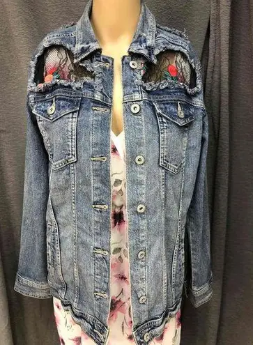 Arizona Jeans Arizona Jean Co Blue Distressed Denim Jacket Embroidered bodice Womens Small