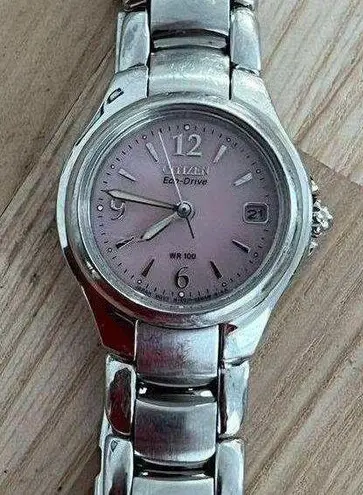 Citizen Eco-Drive Ladies Watch Pink Dial Stainless Bracelet WR100 Date Window