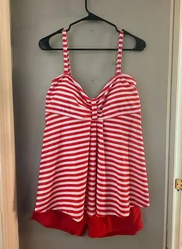 Red and White Striped Swim 2 Piece with Ruched Detail Size XL