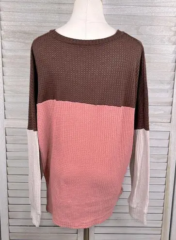 Waffle Knit Color Block Long Sleeve Tee Brown, Pink, Taupe