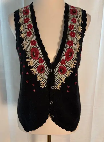 Jantzen Vintage Embroidered Knit Vest Black Floral Button Front Boho 80s 90s S