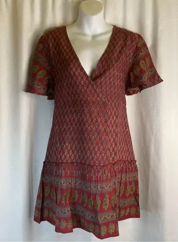 Raga Avah Floral Faux Boho Wrap Mini Dress color Wine size LARGE BRAND New