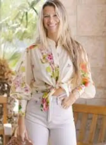 Karina Grimaldi Felicity Print Blouse in White Tuscan Flowers Large New Womens