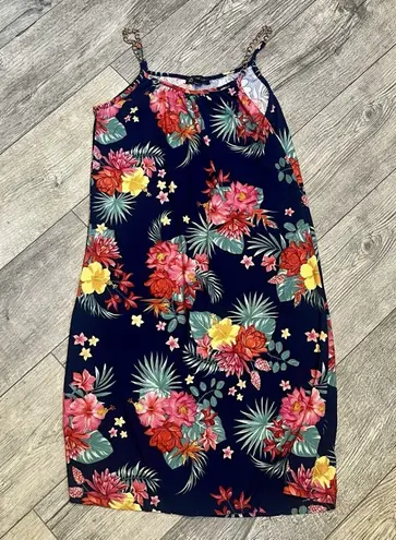 NWT Love Large Floral Navy Dress Gold Chain Straps Blue