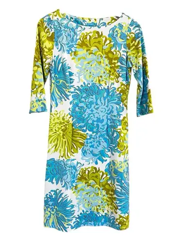 J. McLaughlin Teal and Lime Green Quarter Sleeve Ride Ruched Knee Length Dress S
