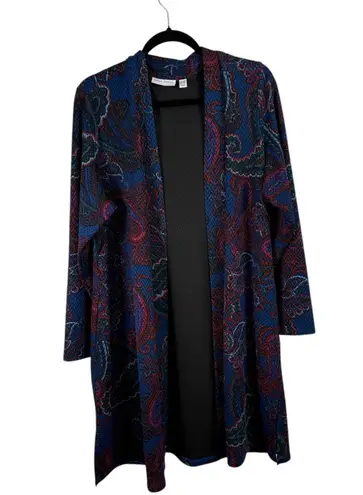 Susan Graver Liquid Knit Long Line Cardigan Sweater Blue Paisley Womens Plus 1x