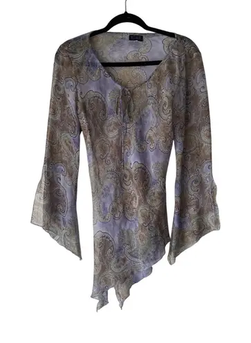 Star City Y2K Small Blue Paisley Retro Hippie Artsy Asymmetrical Sheer Top rain