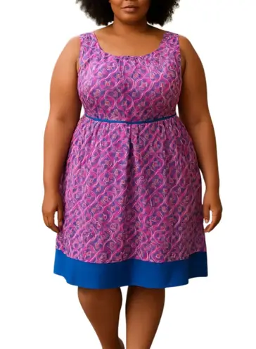 Pink Owl Pink Blue Geometric Sleeveless Belted Cami Camisole Midi Tank Dress 4X