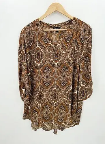 Sami & Jo Blouse Women XL Brown Printed Sheer Roll Tab Light V-Neck Peasant Boho