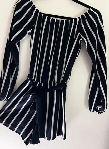 Forever 21 Navy and White Striped Off The Shoulder Long Sleeve Romper