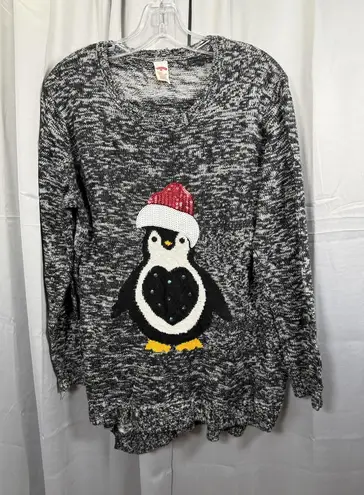 Holiday Time Ugly Christmas Sweater Womens 2X Black Gray Marled Penguin Sequin Santa Hat