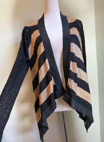 Dolce Cabo Black Gold Striped Sequined Open Front Cardigan Sweater SM boho y2k