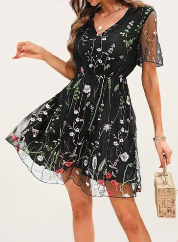 Darling Romance Black Floral Embroidery Mini Dress Size XL