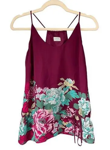 Oasis Floral Cami Top Silk Blend Drawstring Sleeveless Maroon Blouse