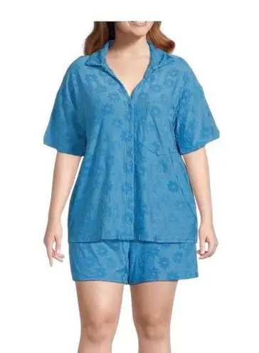 Moa Moa Pajama Set Womens 1X Blue Floral Tie Waist Short Sleeves Pockets