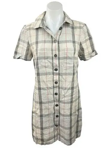 Barbour Linen Cream Plaid Checketed Short Sleeve Tartan Mini Shirt Dress Size 6