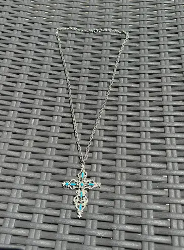 Vintage Y2K Victorian Roma Faux Turquoise Petite Point Cross Necklace