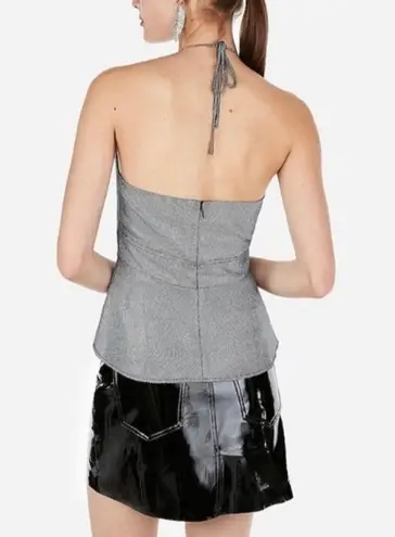 EXPRESS NWOT  Silver Metallic Peplum Plunge Neck Halter Top New