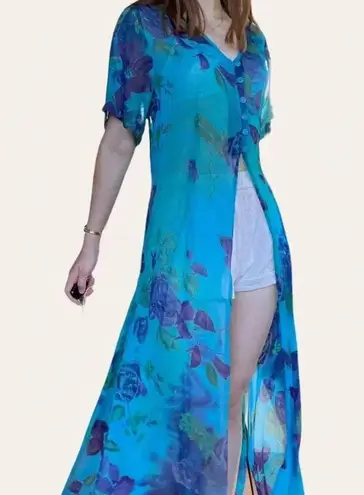 Vintage 90s/y2k Phool sheer duster mesh overdress/swim coverup caftan Medium Blue