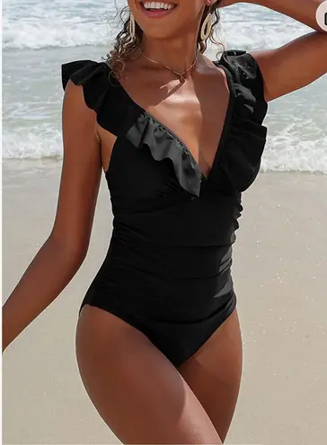 One Piece Ruffle Swimsuits for Women V Neck Ruched Tummy Control Bathing Suits High Cut Monokini