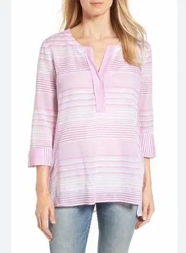 NYDJ Regatta Stripe Split Neck 3/4 Sleeves Cotton Tunic Size Small