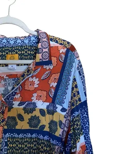 Ruby Rd Size XL Multicolor Boho Floral Patchwork Button Up Shirt Collared Blouse