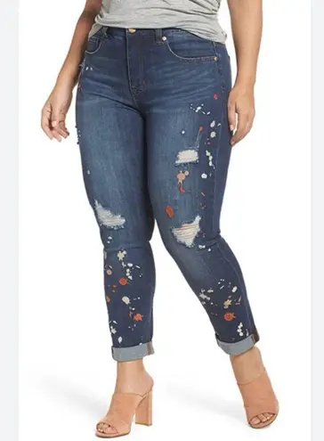 Melissa McCarthy Seven7 Paint Splatter Embroidery Slimming Skinny Jeans Size 22W Blue