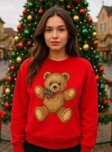 Vintage Teddy Bear Sweatshirt Holiday Christmas Cute Festive Cozycore Nostalgic Red
