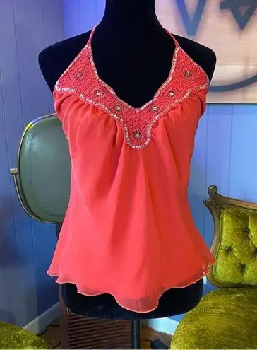 Vintage Y2K Johnathan Martin Coral Chiffon & Crochet Sequin Halter Top Size M/L