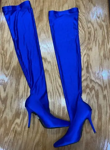 Azalea Wang Womens Blue Stiletto Heel Heart Out Extreme Thigh High Boots Size 11