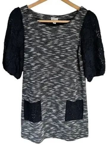 Anthropologie  Postmark Black White Textured Tweed Knit Tunic Dress Lace Size‎ S