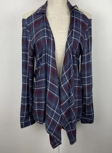 Vanity Flannel Open Front Shirt Size M Purple Plaid Womens Lace Boho Western Top Size M