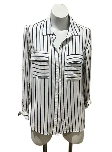 Paper + Tee Paper Tee Women's Striped Button-Up Shirt Black Long Sleeve Standard Size M