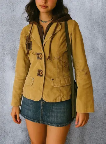 Vintage Y2K Garment Touch Corduroy Patchwork Brown Tan Hoodie Jacket Medium