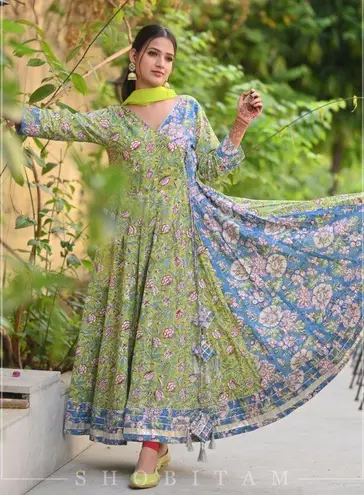 Shobitam 6M Flare Lime Green & Ferozi Angrakha Anarkali Dress Multiple Size XL