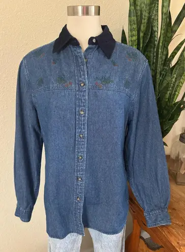 Vintage Denim Embroidered Christmas Shirt Corduroy Collar 90s pine cones medium Blue