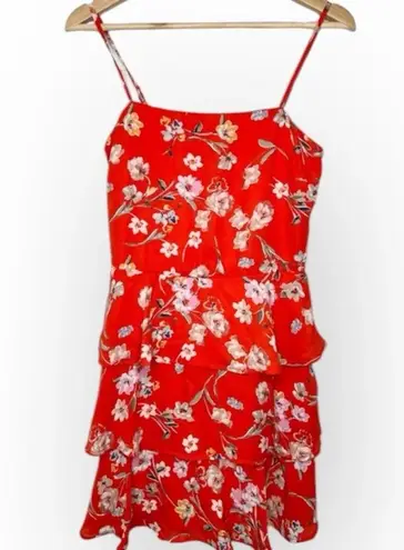 ROW A Womens Red Orange Floral Ruffle Tiered Dress Size S Sleeveless NWOT