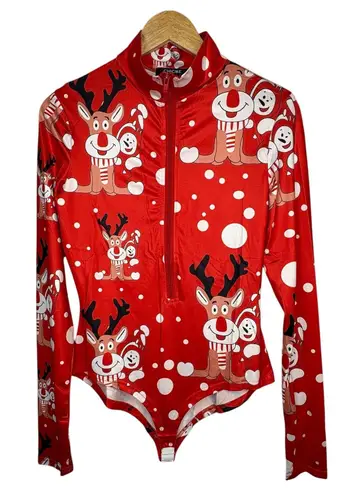 ChicMe Christmas Reindeer Snowman Print Zipper Long Sleeve Bodysuit Women Large Red Size undefined