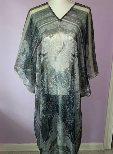 Blue Boho Kimono Maxi Chiffon Psychedelic Swim Cover V Neck Longline Poncho