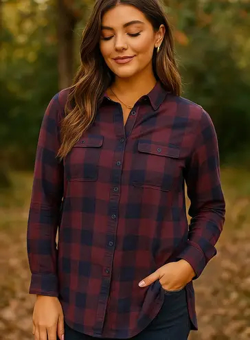 Fat Face Women US L /16 Plaid Flannel Tunic Red Navy Button Down Top Boho Camp Size L