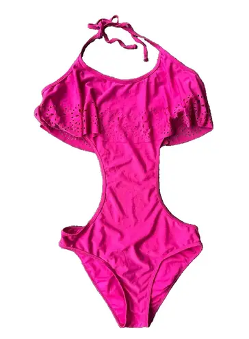 Ymi Pink One Piece Swimsuit Womens L Ruffle Backless Tie Halter Sexy Swim Beach