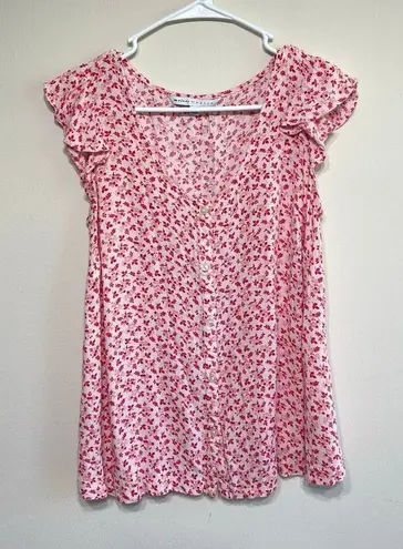 The Nine by Hatch Pink Floral Maternity Shirt Medium Short Sleeve