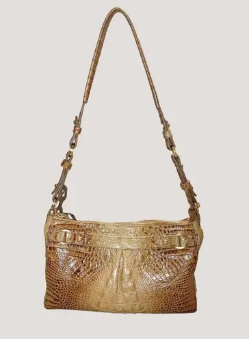 Brahmin Brown Tan Gold Leather Shoulder Bag Alligator Crocodile Embossed Zip