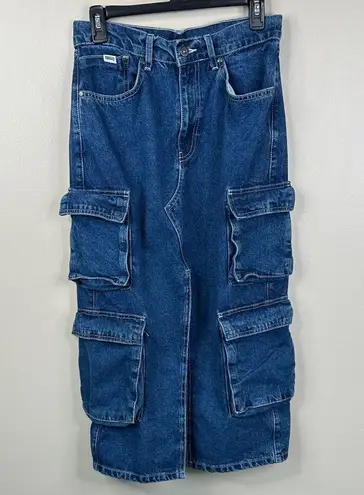 The Ragged Priest Denim Cargo Midi Skirt Womens 28 Blue Jean Edgy Chic