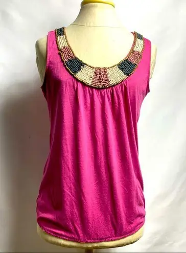 Route 66  Pink Top Beaded Scoop Neck Blouse  Women's Size L Pink Elastic Waist