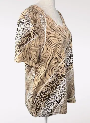 Rebecca Malone Animal Print Short Sleeve Top Crochet Beaded Neckline Size XL