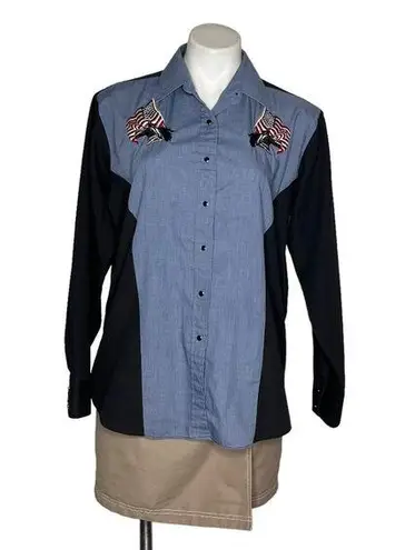 ELY Country Charmers Western Shirt USA Flag Horses Black Snaps Vintage 70’s Blue Size L