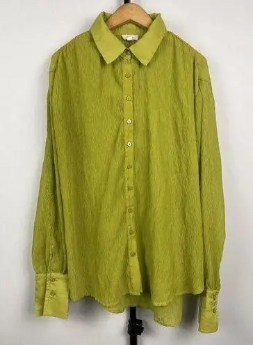 Beivy Green Crinkle Long Sleeve Button Up Collared Lightweight Blouse Top Size L Size L