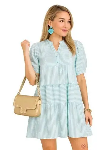 &merci &merci Aqua White Striped Seersucker Tiered Mini Dress S Half Button Puff Sleeve